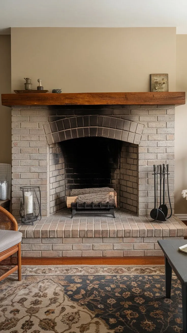 A cozy country cottage living room features a large brick fireplace, promising warmth and comfort