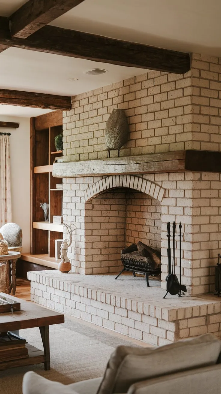 A charming country cottage boasts a magnificent brick fireplace as its focal point