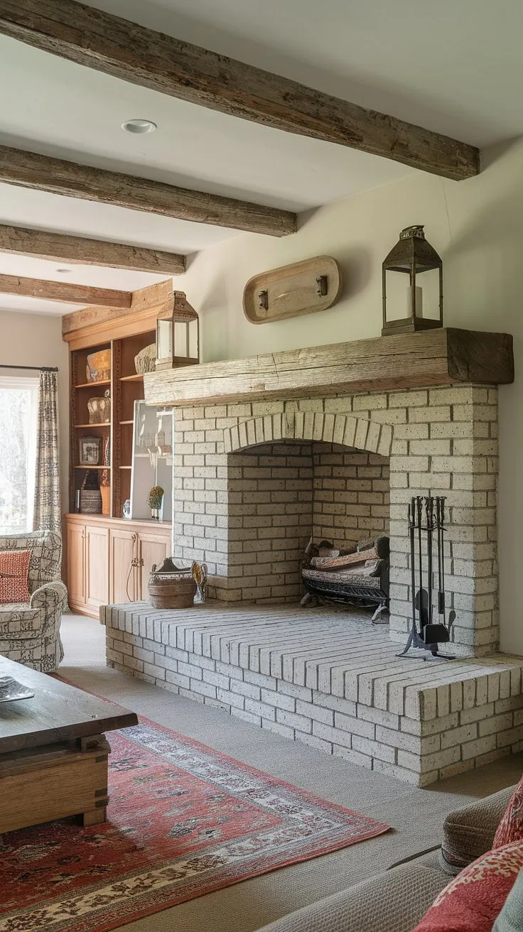 Rustic charm fills a country cottage living room, centered around a magnificent brick fireplace with a wood mantle and stone backsplash.