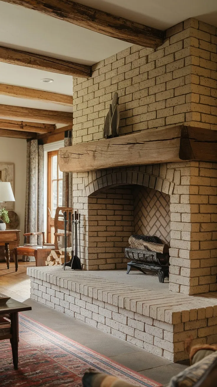 A wood-mantled fireplace, featuring a brick exterior and stone interior, anchors a cozy cottage living room.