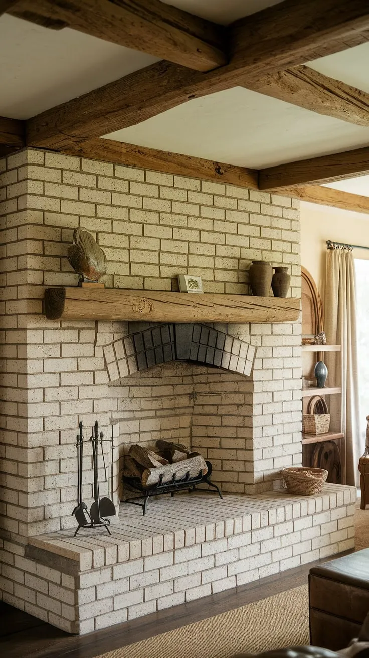 Exposed beams and a stone-backed fireplace create a charming country cottage living room ambiance