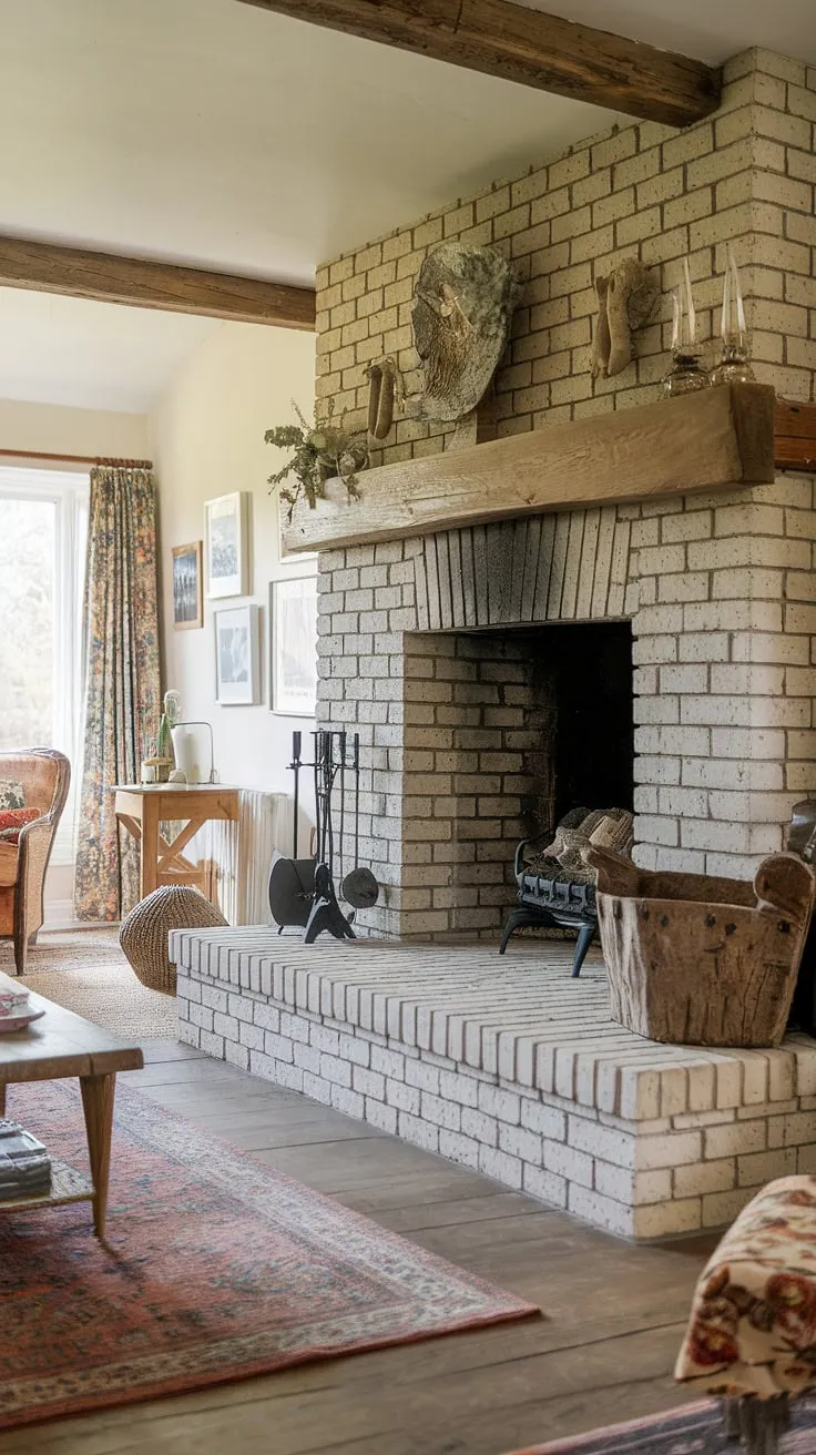 The fireplace's warmth anchors a cozy cottage living room, enhanced by charming decor.