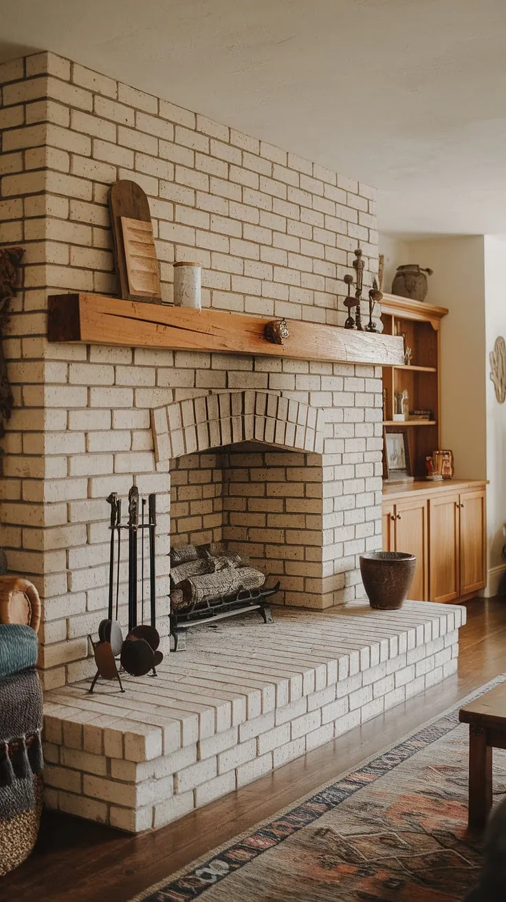 Cozy country cottage living room features a magnificent brick fireplace, creating a warm inviting atmosphere