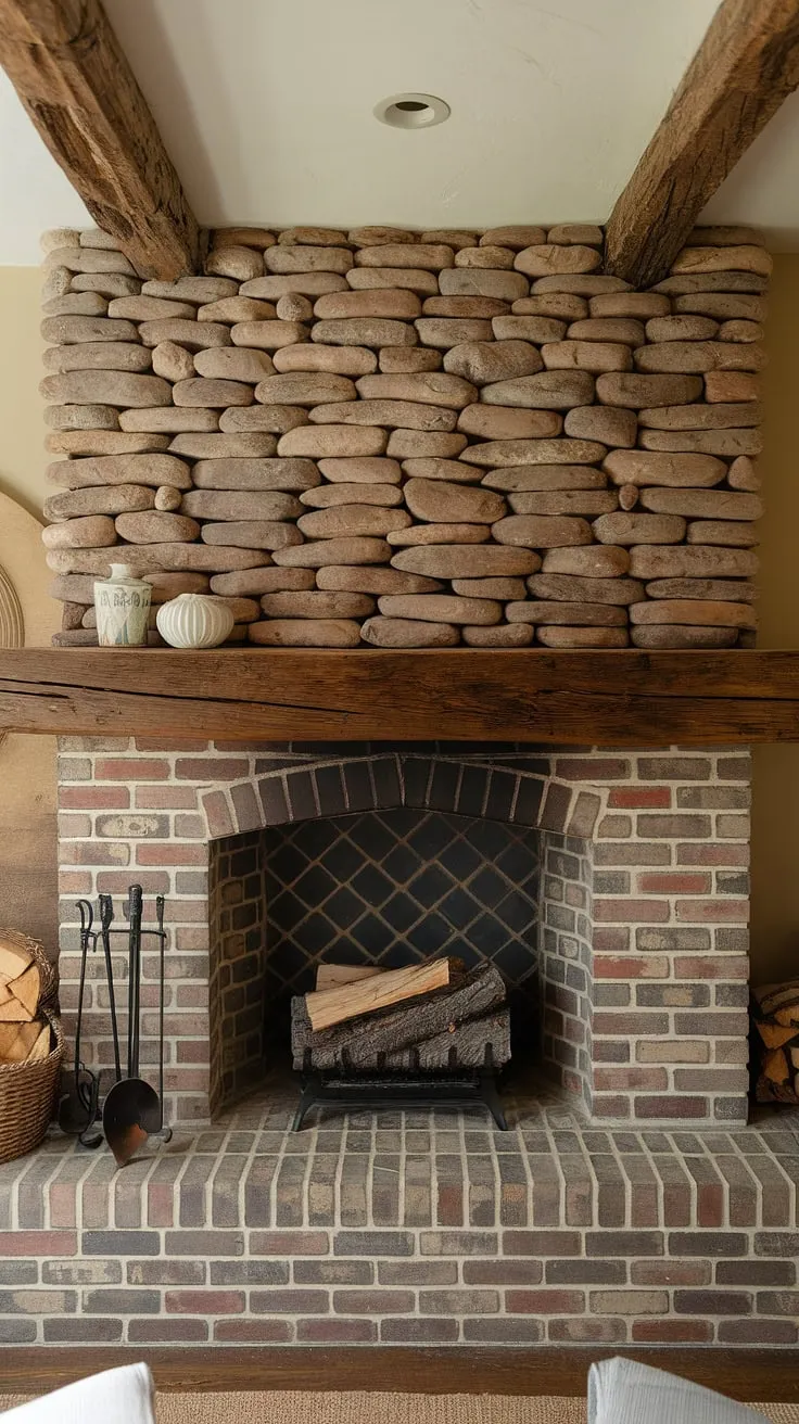 A charming country cottage boasts a stone-backed fireplace, wooden beams, and a welcoming hearth, exuding warmth and comfort