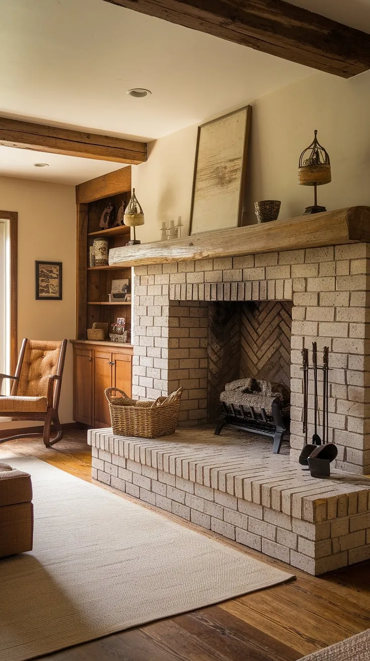 Warmth radiates from the rustic cottage's inviting brick fireplace, its long hearth a focal point of the cozy living room.