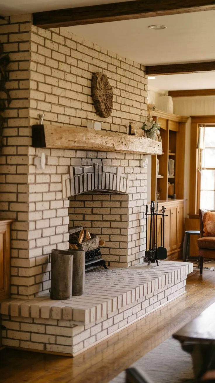 A charming country cottage boasts a long brick fireplace, its stonework and wooden mantel creating a cozy atmosphere.
