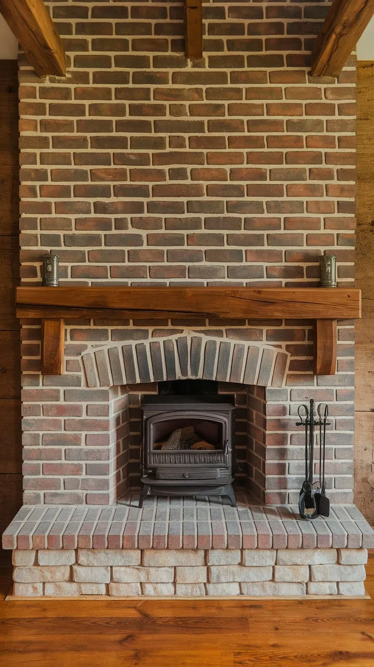 Rustic charm fills a country cottage thanks to its cozy wood-mantled brick fireplace.