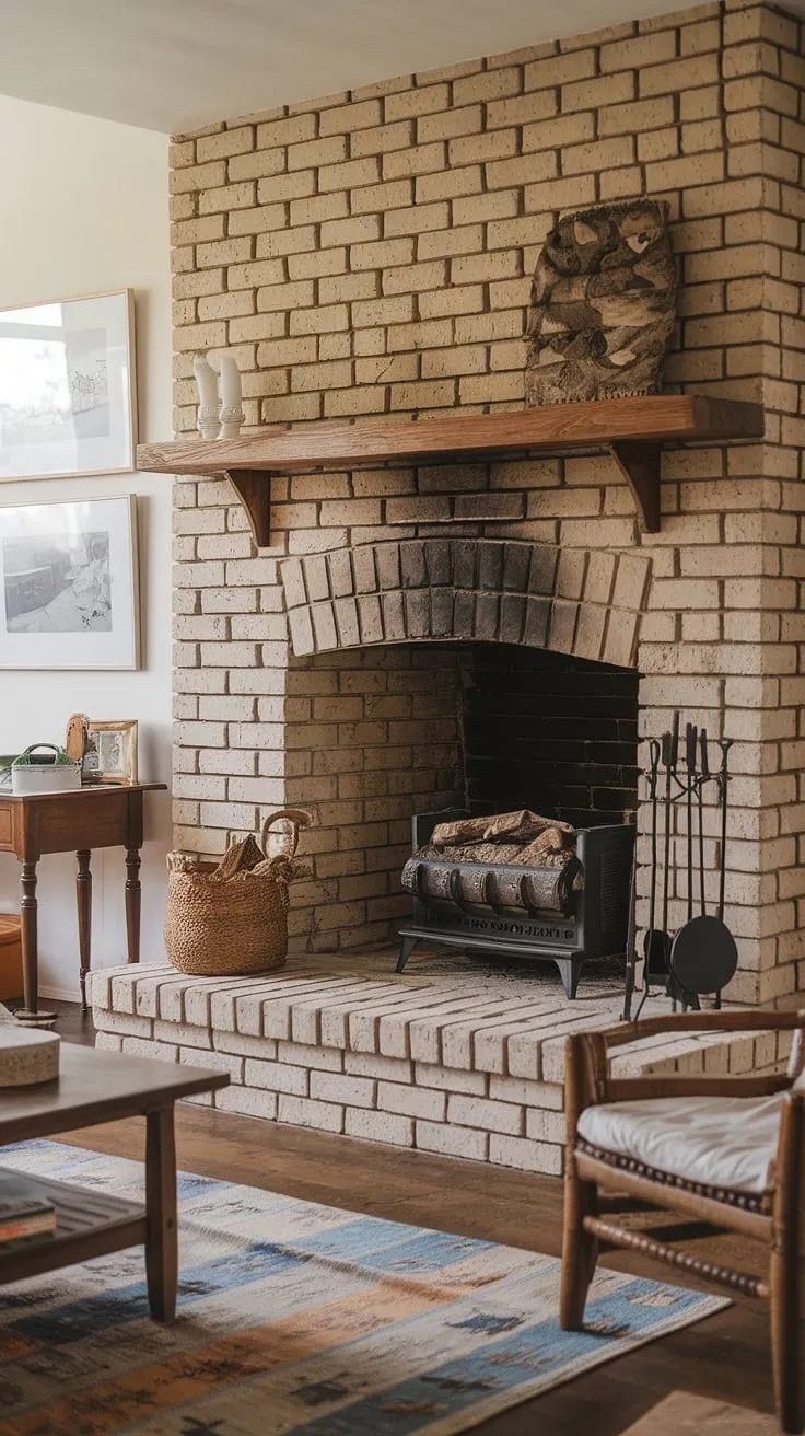 Cozy warmth radiates from a country cottage's brick fireplace, its wood mantel and stone backsplash creating a charming focal point.