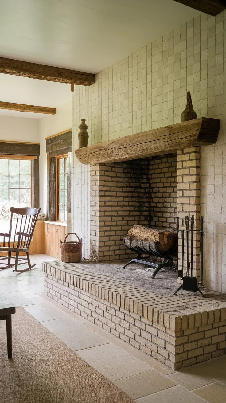 A cozy country cottage living room features a large brick fireplace and charming, simple furnishings.