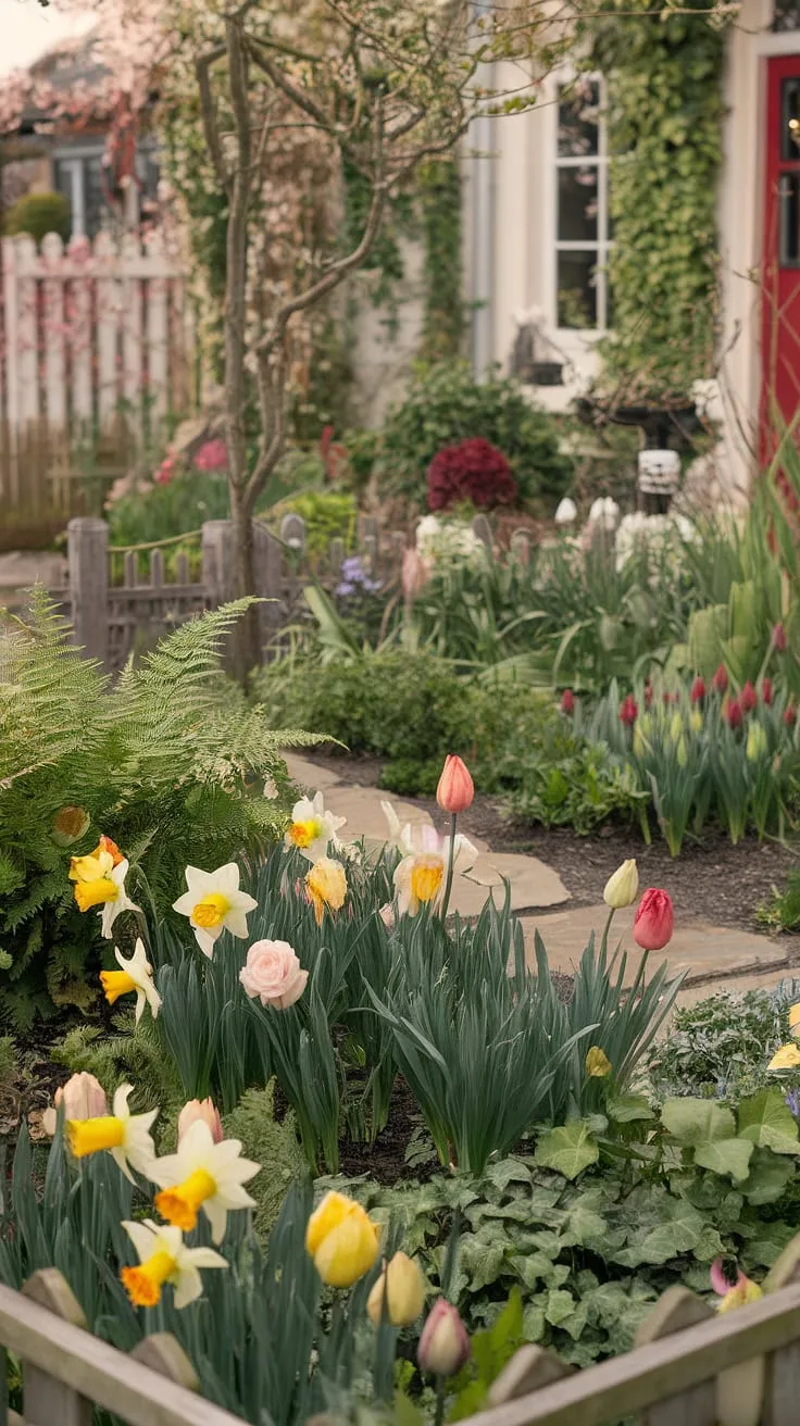 A vibrant spring cottage garden bursts with daffodils, tulips, roses, and lush greenery, framed by a charming stone path and picket fence