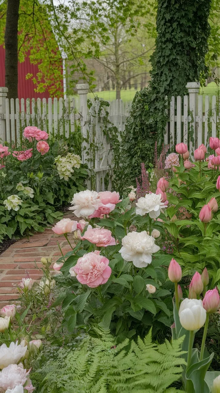 Vibrant pink and white flowers, including roses and peonies, create a delightful cottage garden scene beside a red barn.
