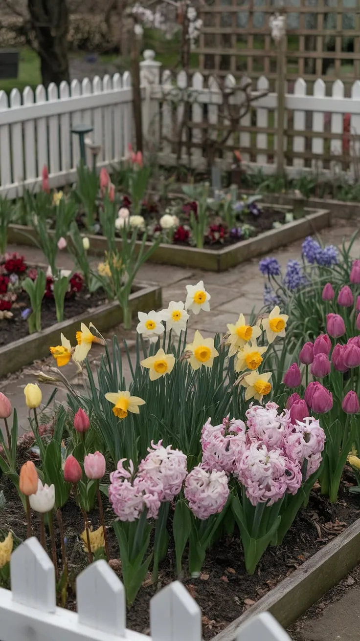 Spring blooms burst forth in a picturesque cottage garden, framed by a white picket fence and wooden trellis.