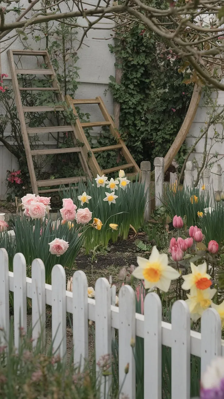 Vibrant flowers and a white picket fence create a peaceful English cottage garden scene