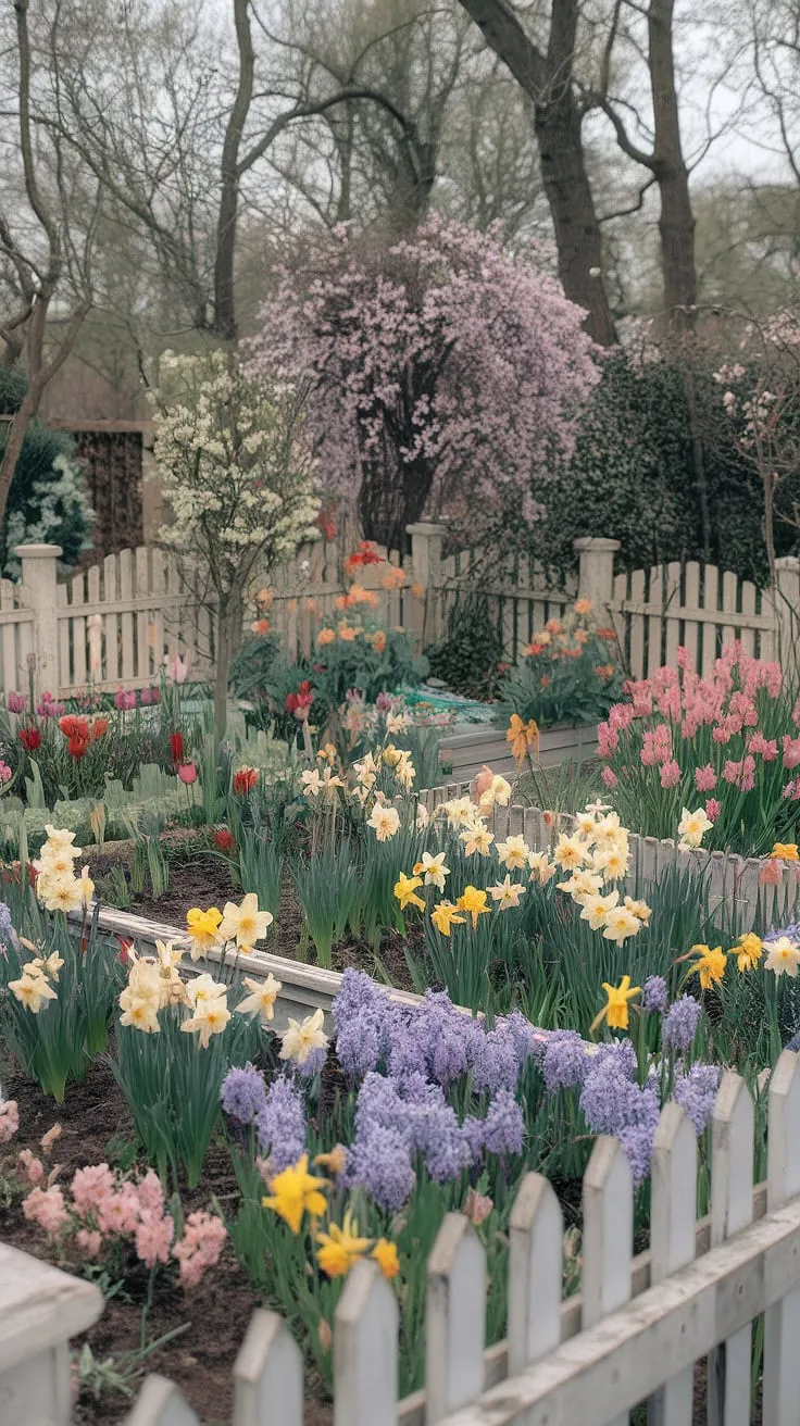Pastel blooms and a white picket fence define this idyllic spring cottage garden