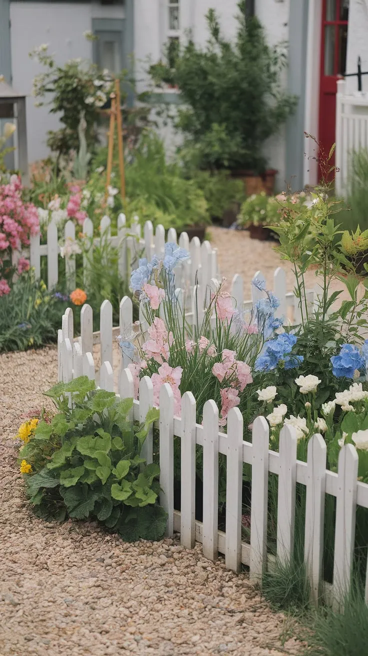 Pastel blooms and lush greenery burst forth in a charming cottage garden, framed by a white picket fence and a gray building with a vibrant red door