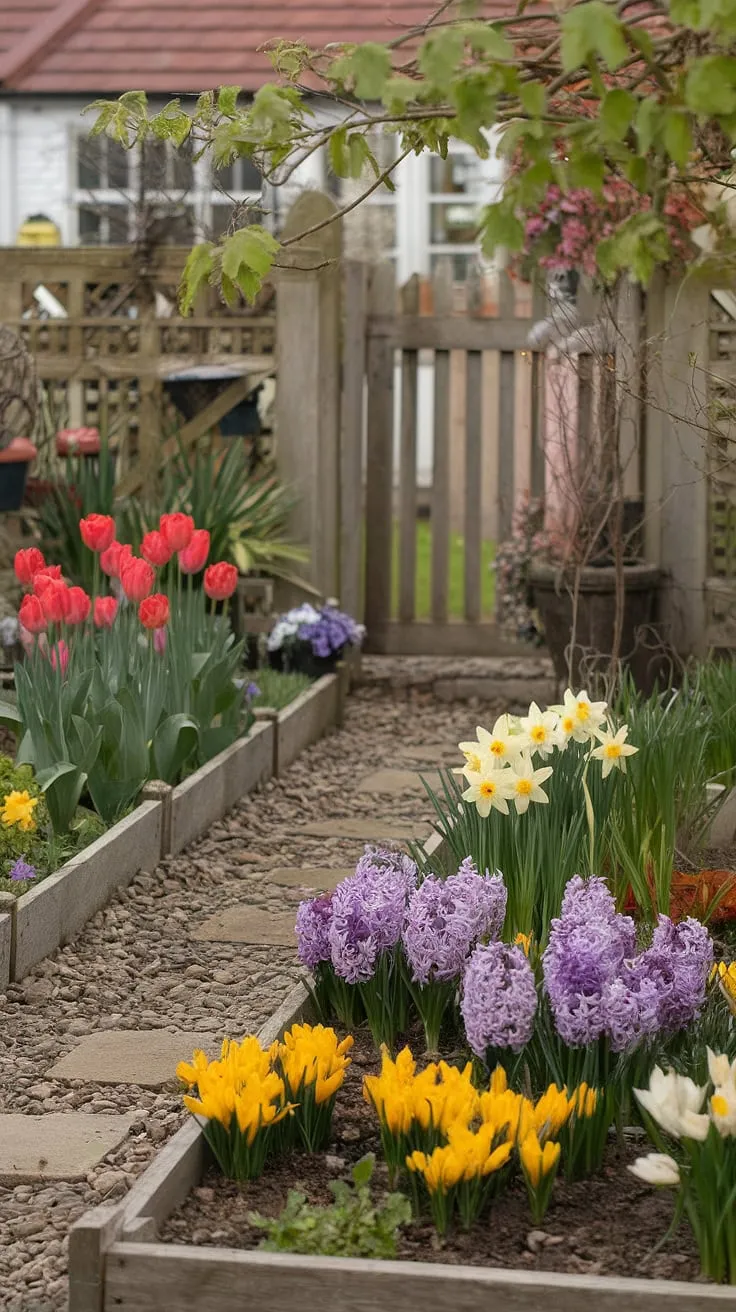 A picturesque cottage garden bursts with colorful spring flowers, leading to a wooden gate and a charming house beyond.