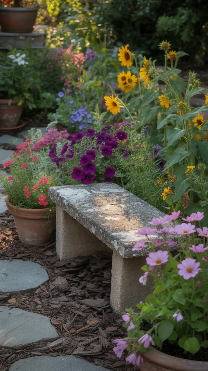 Sun-Kissed Stone Bench Nestled in a Riot of Blooms
