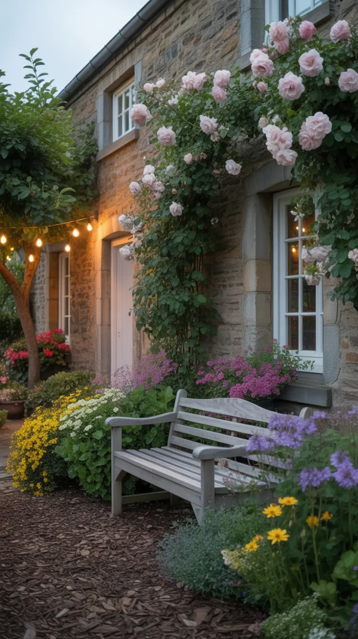 String-Light Glow at the Rose-Draped Stone Cottage