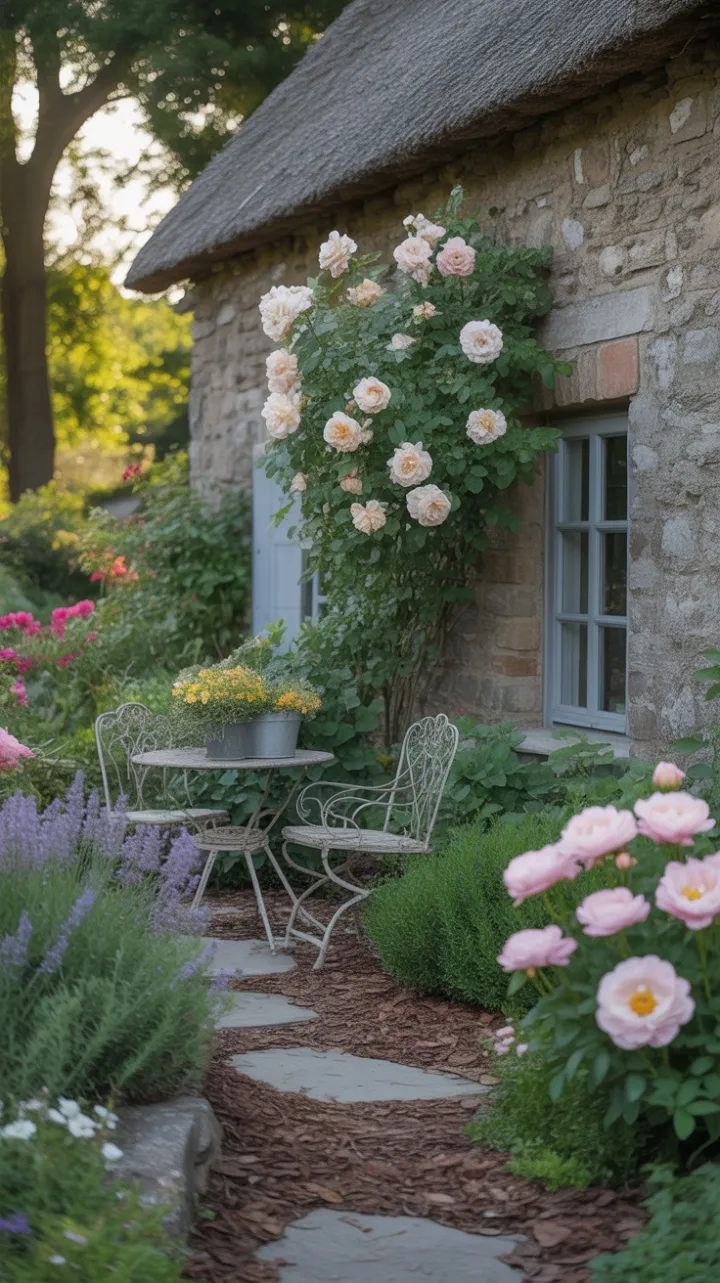 Sunlit Thatched Cottage in an Overflowing Rose and Lavender Garden