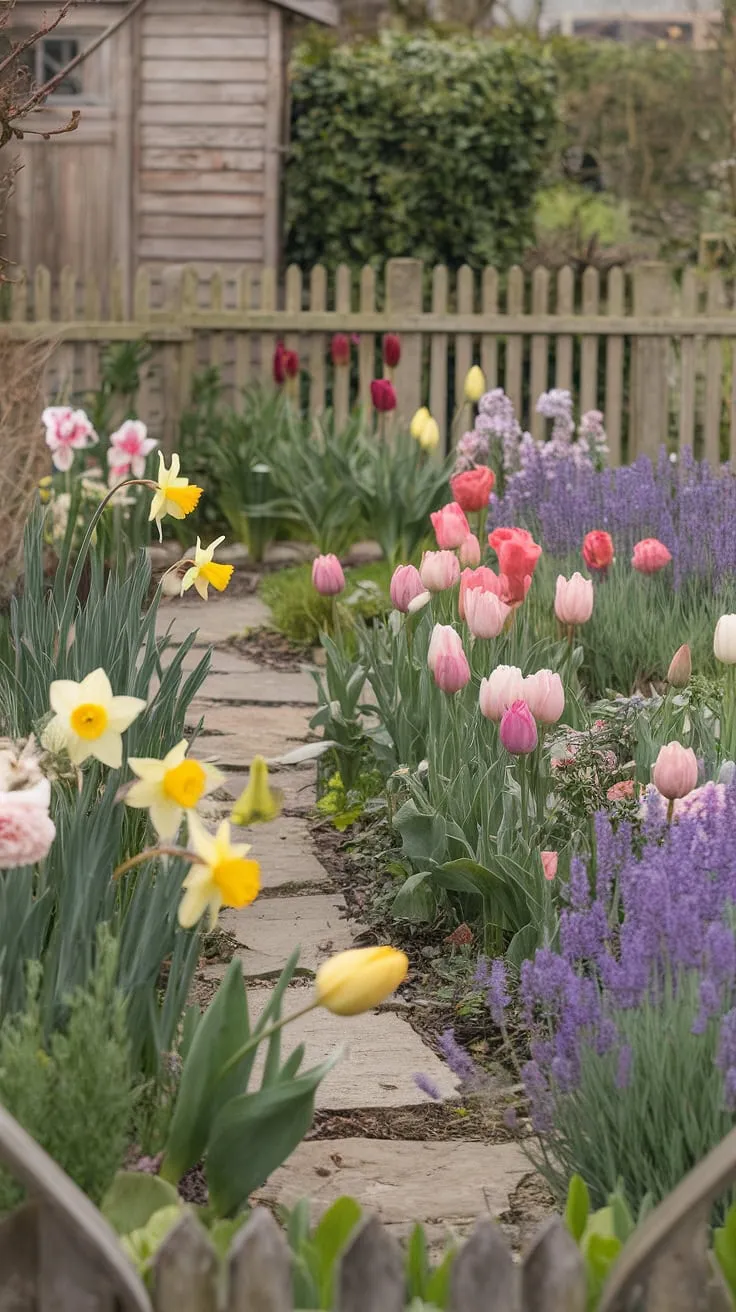 Vibrant blooms and a white picket fence define this idyllic cottage garden, a picture of springtime beauty.