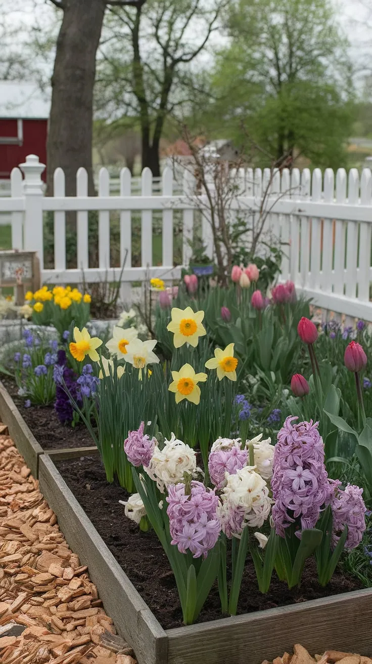 Spring blooms burst forth in a charming cottage garden, framed by a white picket fence and a picturesque red barn.