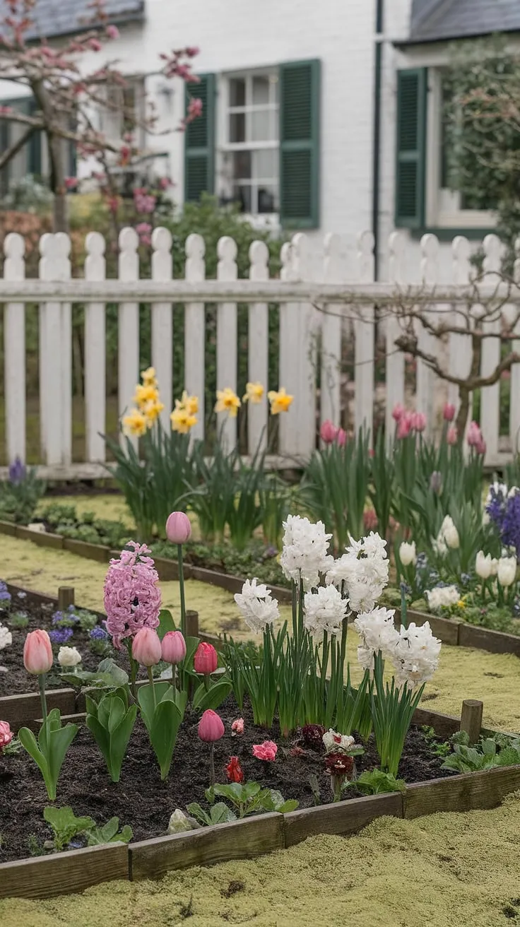 A charming white cottage, nestled amongst a Tasha Tudor-style spring garden overflowing with daffodils, tulips, hyacinths, and roses, is framed by a white picket fence.
