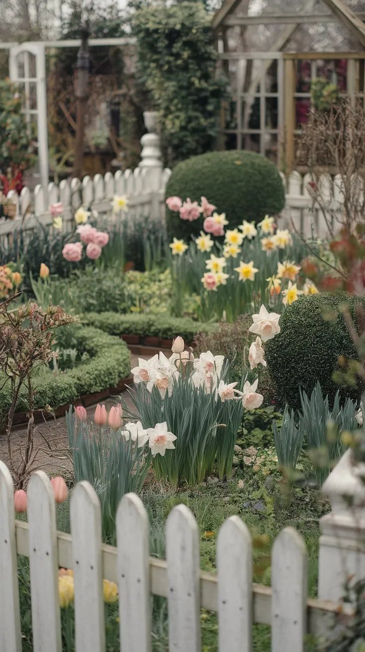 A soft-focus photo evokes idyllic English cottage charm with blooming flowers and a white picket fence