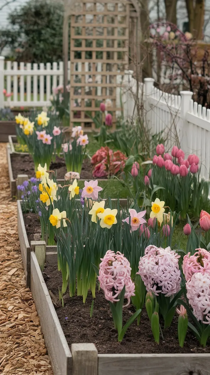 A cheerful cottage garden bursts with colorful daffodils, tulips, and hyacinths, framed by a white picket fence and wooden trellis.