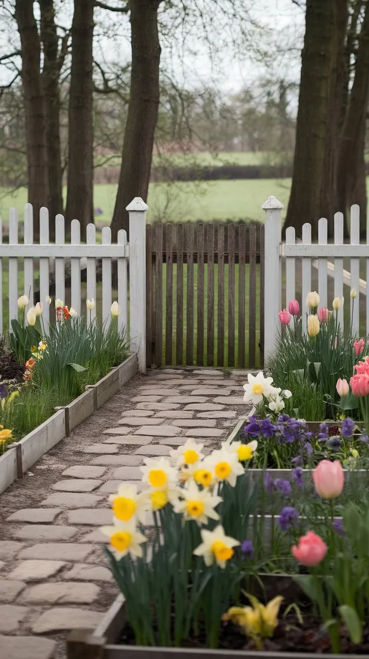 Enchanting spring blooms and a cobblestone path lead to a white picket fence, promising idyllic cottage charm