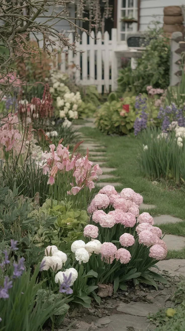 Spring flowers paint a picturesque scene in a cottage garden, framed by a white fence and lush grass