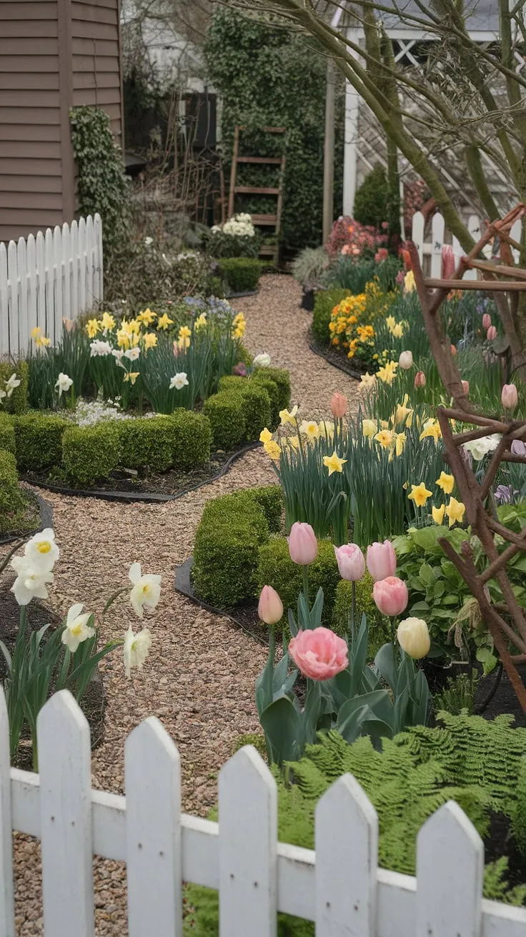 A vibrant spring cottage garden bursts with colorful blooms and lush greenery, creating a peaceful and picturesque scene