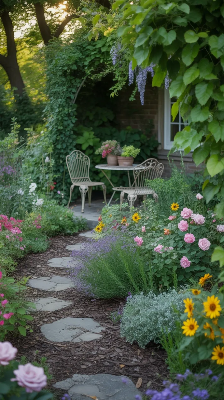 Wisteria-Kissed Cottage Garden of Sunlit Roses and Lavender