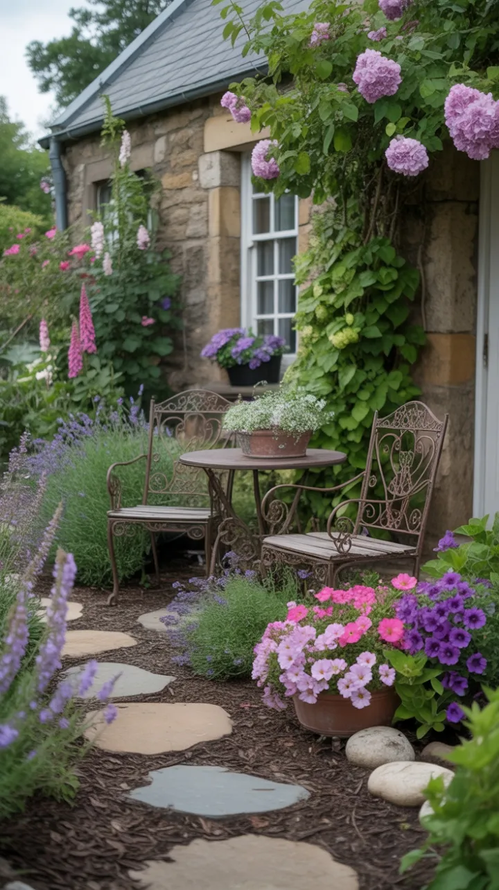 Sunlit Stone Cottage and Its Overflowing Garden of Lavender and Roses