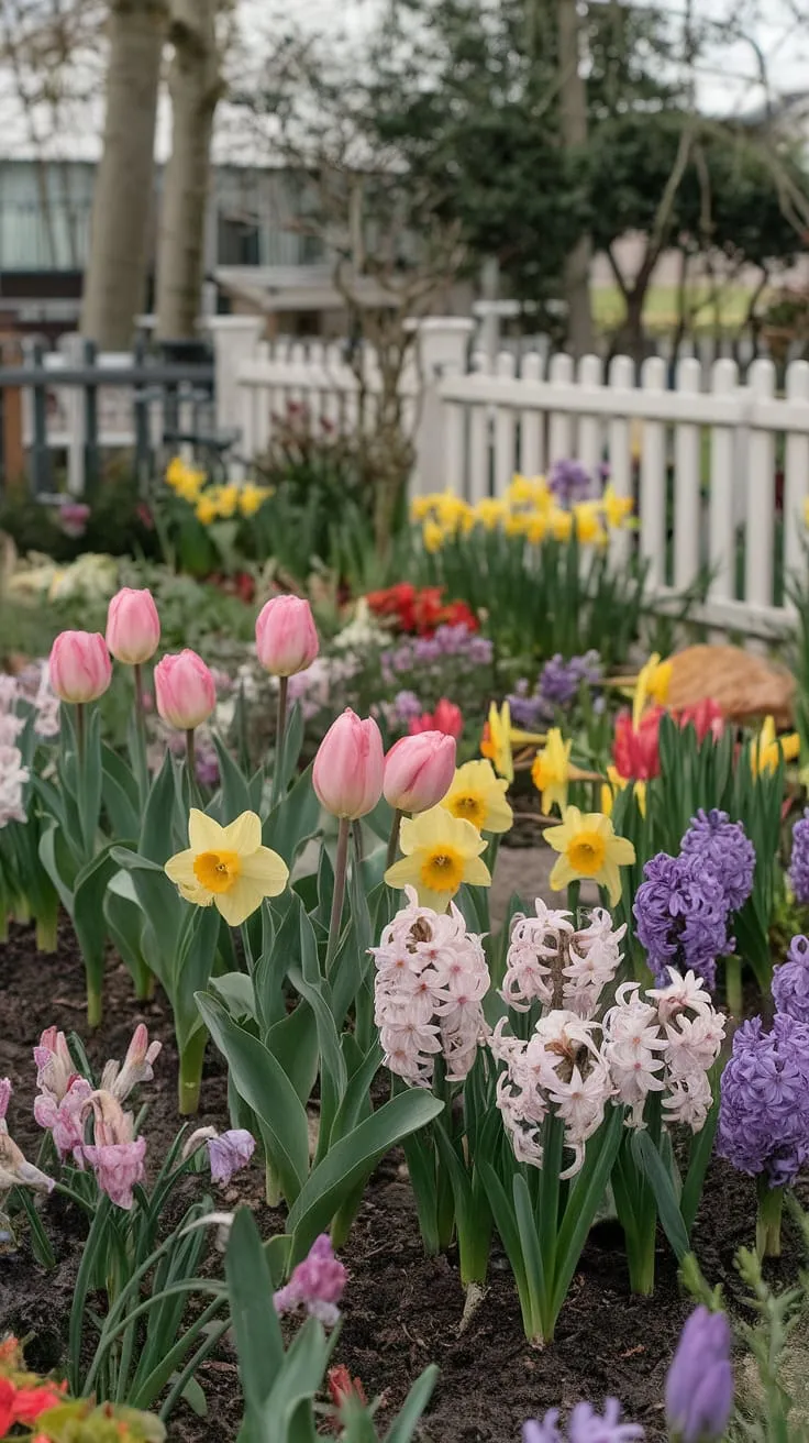 A picturesque cottage garden overflows with pink, yellow, and purple spring flowers, creating a delightful scene.