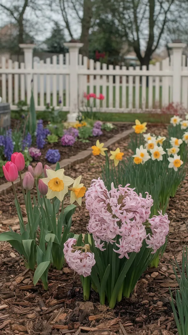 Vibrant spring blooms burst forth in a charming cottage garden, enclosed by a white picket fence.