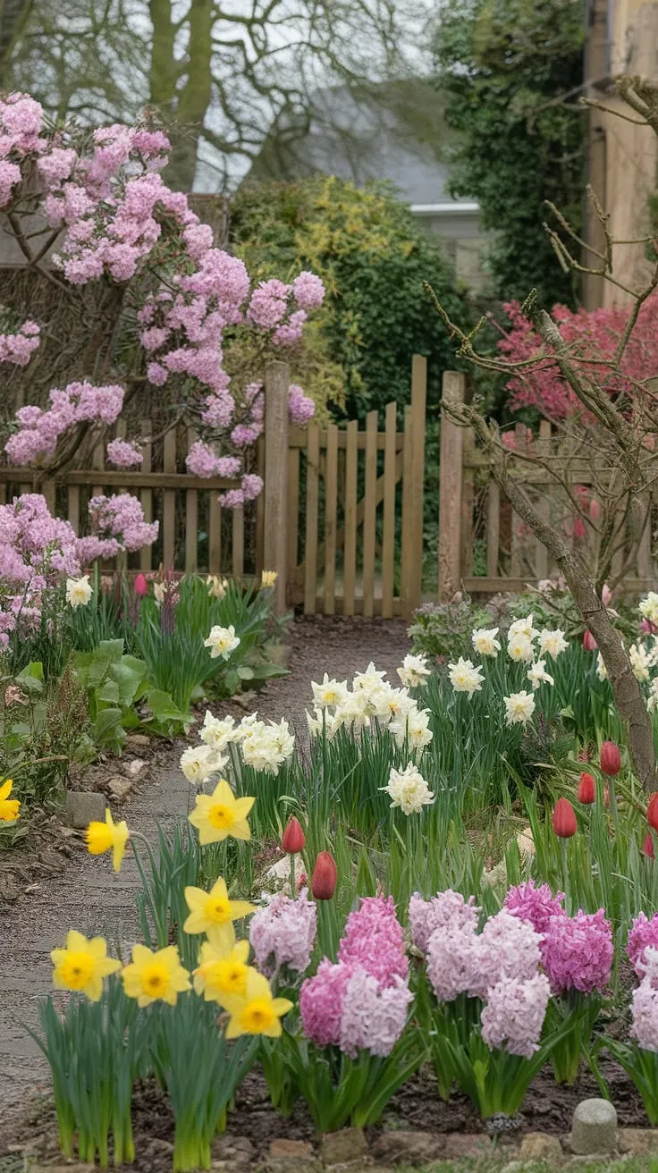 A tranquil cottage garden bursts with daffodils, tulips, and azaleas, creating a serene escape.