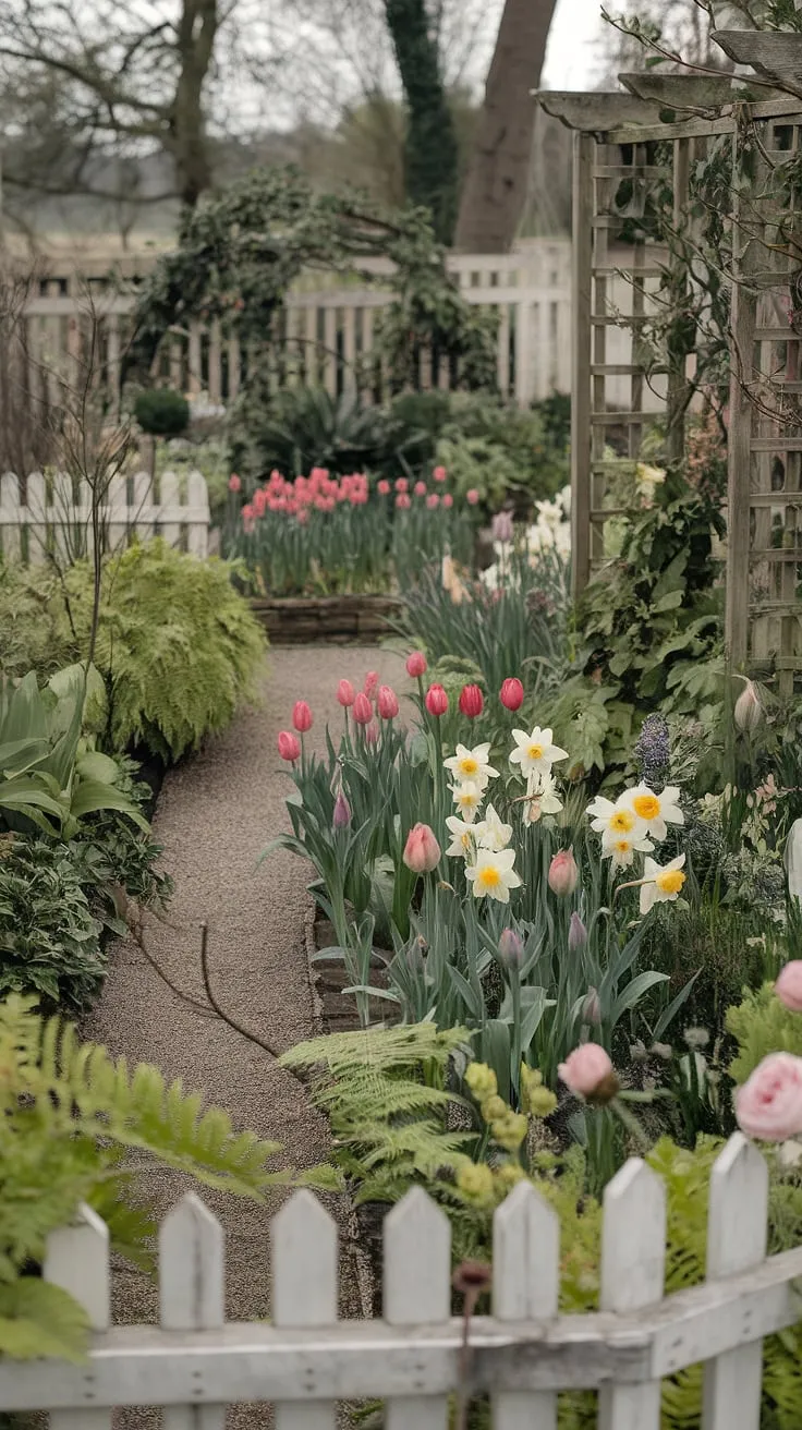 A soft-focus photo evokes the idyllic charm of a cottage garden bursting with colorful blooms and verdant foliage.