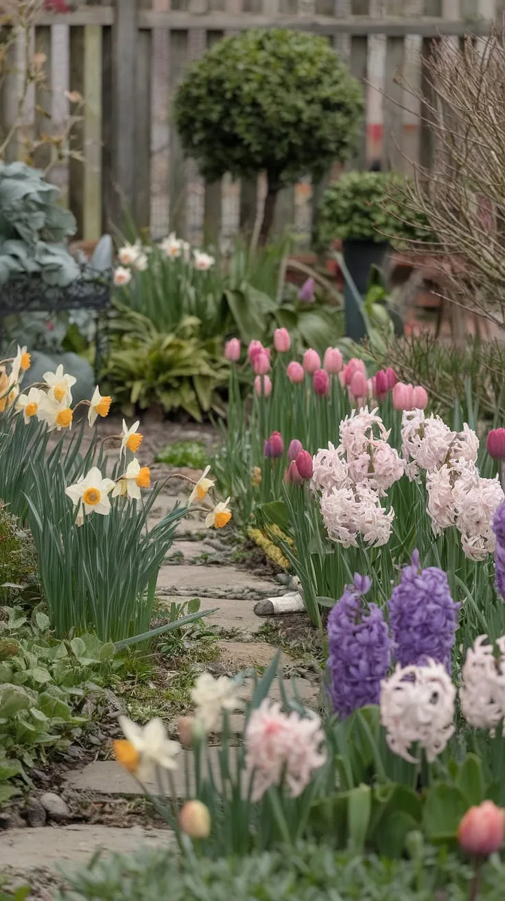 Vibrant spring blooms paint a picturesque cottage garden scene, framed by a wooden fence and a winding stone path.