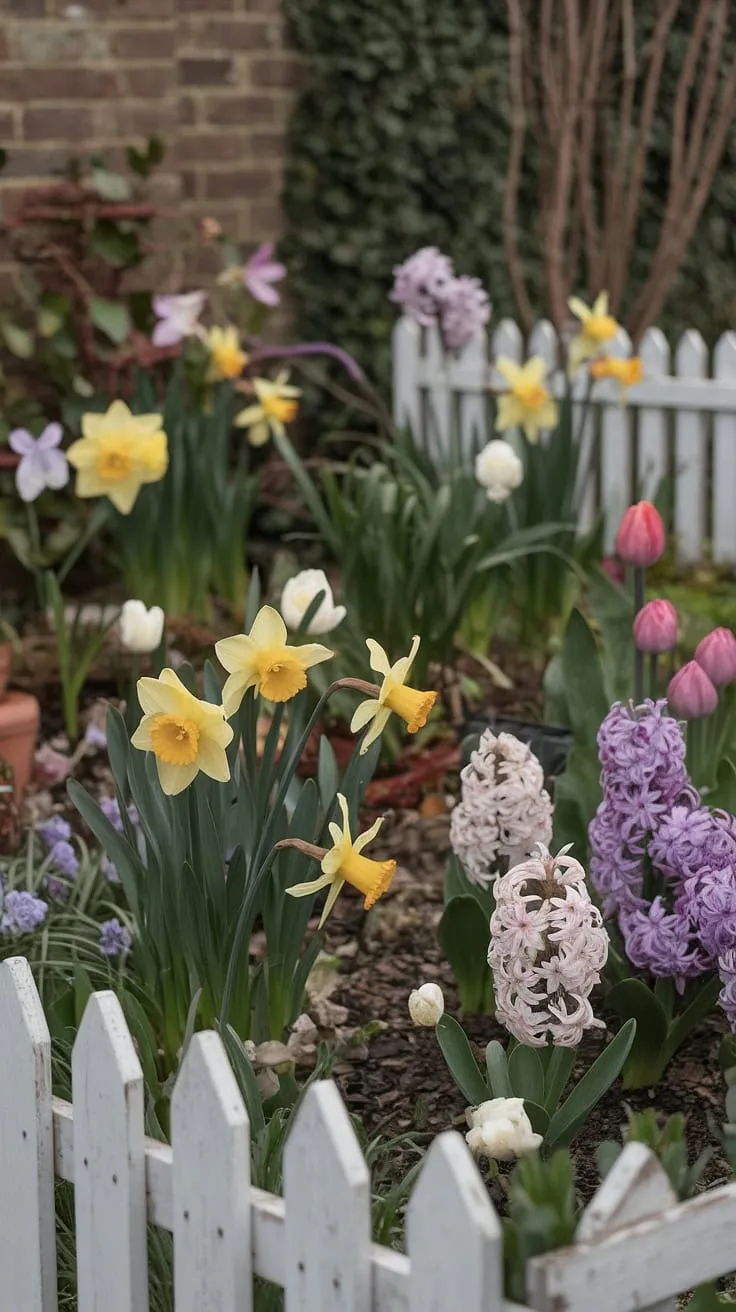 A picturesque spring cottage garden bursts with daffodils, tulips, and hyacinths, enclosed by a white picket fence and framed by brick and greenery.