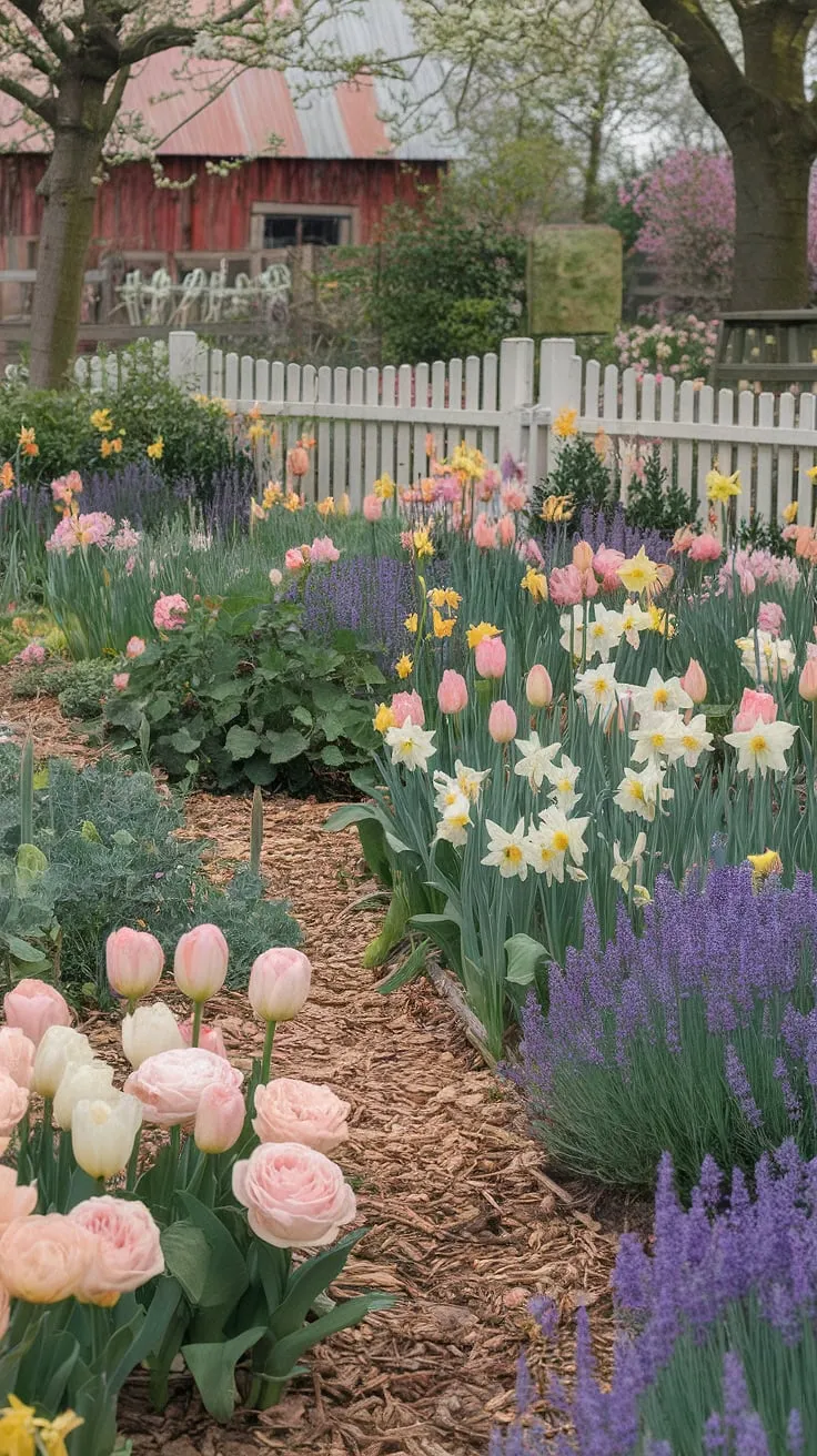 Pastel blooms and a red barn create a charming spring cottage garden scene reminiscent of Tasha Tudor