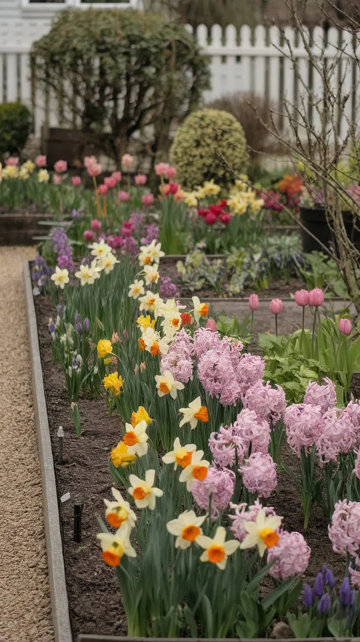 A cottage garden explodes with colorful daffodils, tulips, and hyacinths, creating a charming spring tableau.