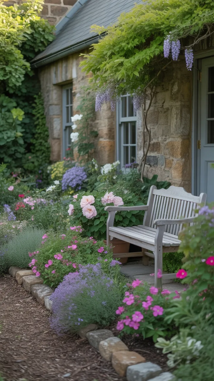 Wisteria-Kissed Cottage Nestled in a Tapestry of Lavender and Roses