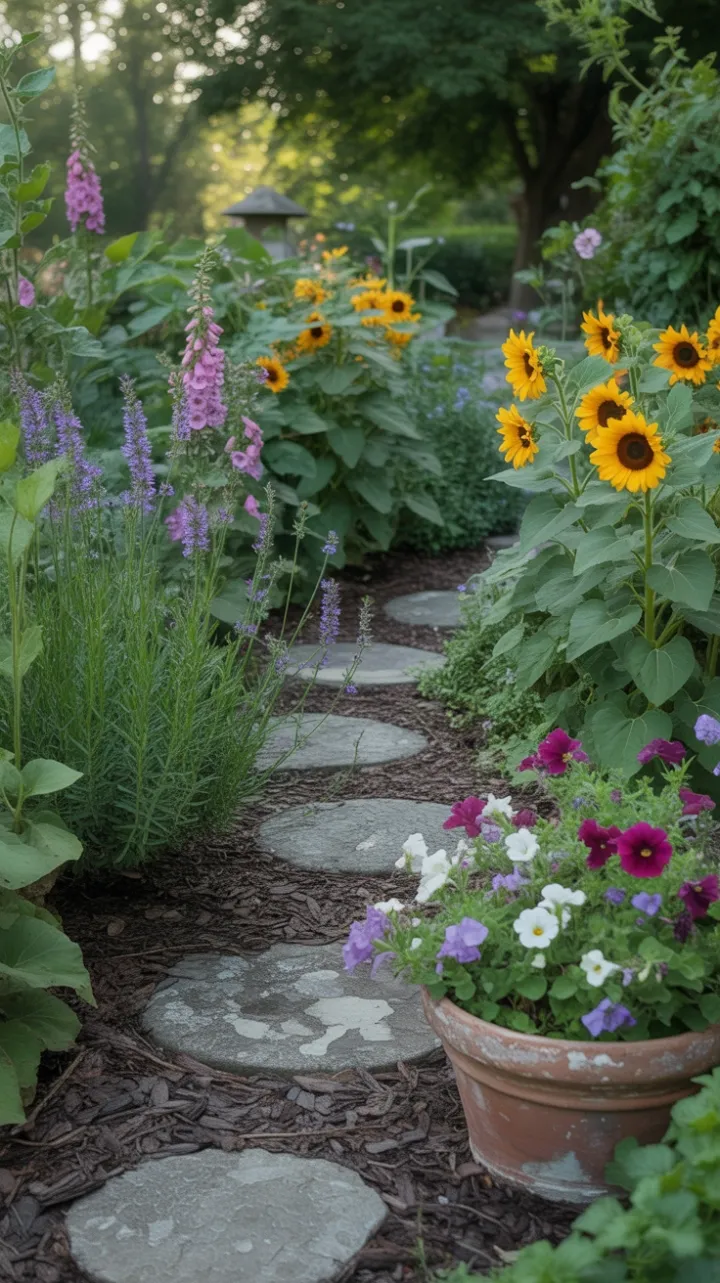 Sunlit Meander Through a Blooming Stone Cottage Garden
