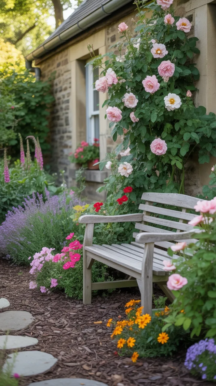 Sunlit Cottage Garden with Rose-Draped Bench