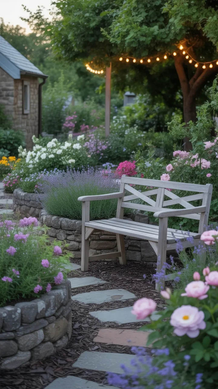 Enchanted Stone Cottage Garden Awash in Lavender and Roses