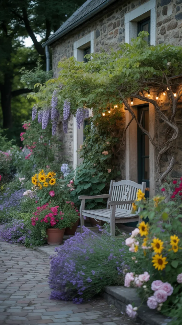 Sunlit Stone Cottage Amid Overflowing Summer Blooms
