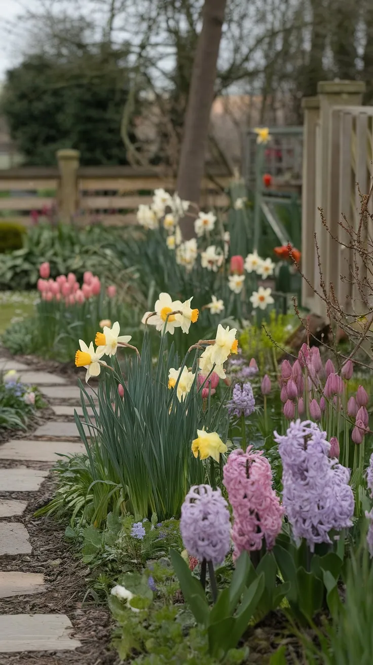 Vibrant spring blooms paint a picturesque cottage garden scene with daffodils, tulips, and hyacinths along a stone path