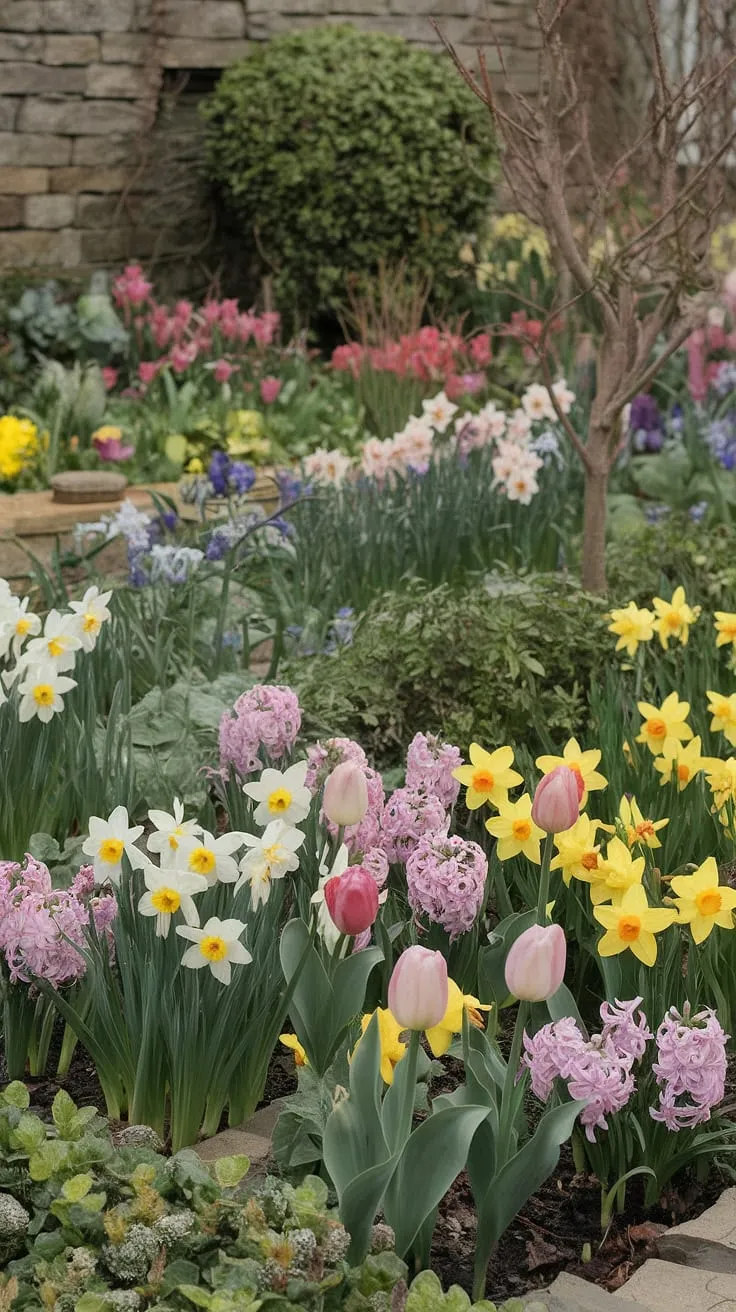 A charming Tasha Tudor-style cottage garden bursts with spring blooms of tulips, daffodils, and hyacinths, nestled within a stone wall.