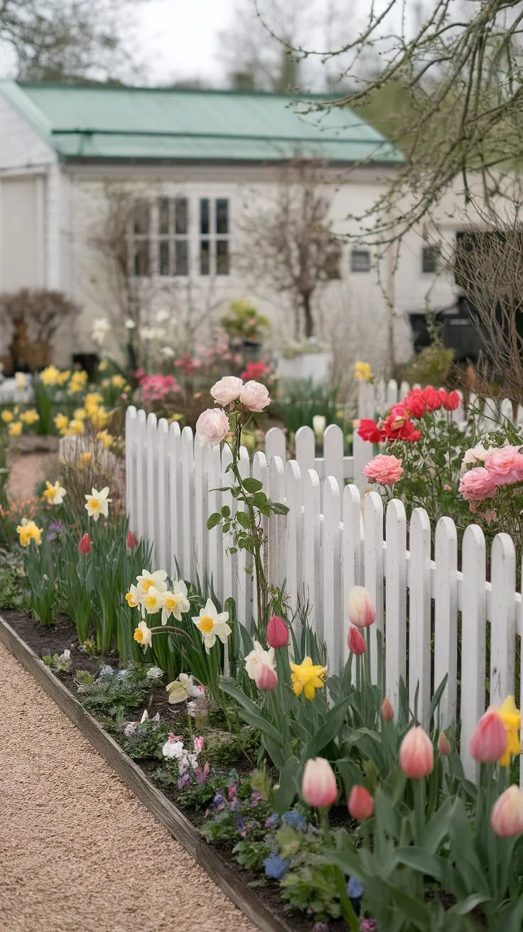 A soft-focus photo evokes idyllic English cottage charm with blooming flowers and a white picket fence