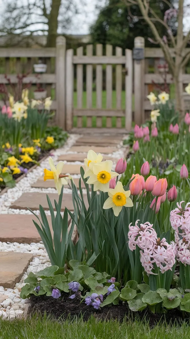A stone path winds through a spring cottage garden bursting with daffodils, tulips, and hyacinths, leading to a wooden gate and idyllic picket fence.